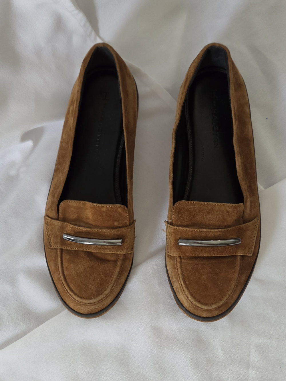 H by Halston Tan Suede Loafers with Silver Accent